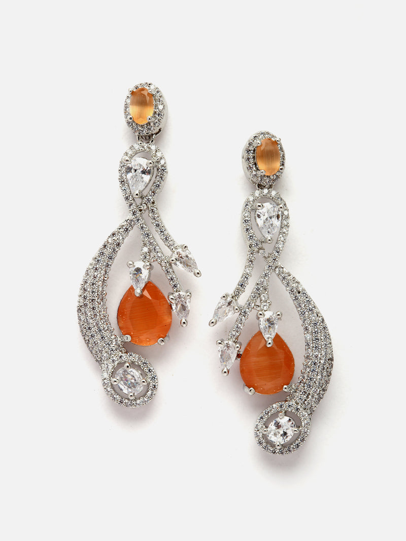 Rhodium-Plated Orange American Diamond studded Quirky Shaped Drop Earrings