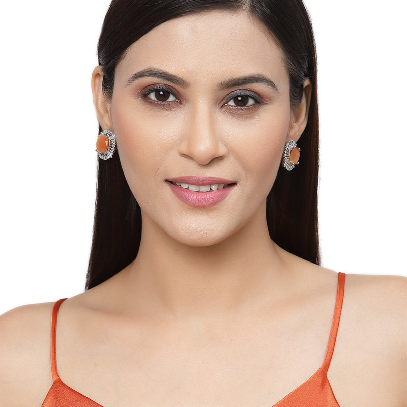 Rhodium-Plated Orange & White American Diamond studded Contemporary Round Stud Earrings