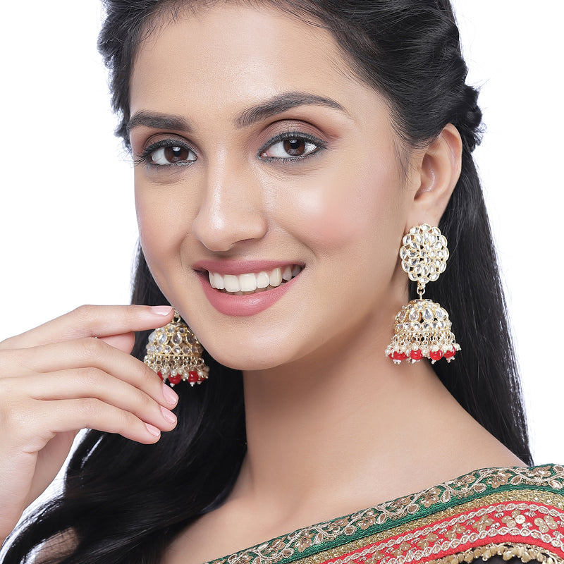Gold-Plated Red Kundan & White Pearls studded Flower Shaped Vilandi Jhumka Earrings