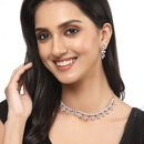 Rhodium-Plated Silver Toned Rectangle Pink American Diamond Studded Necklace Earrings Jewellery Set