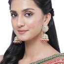 Gold-Plated Red Kundan & White Pearls studded Flower Shaped Vilandi Jhumka Earrings