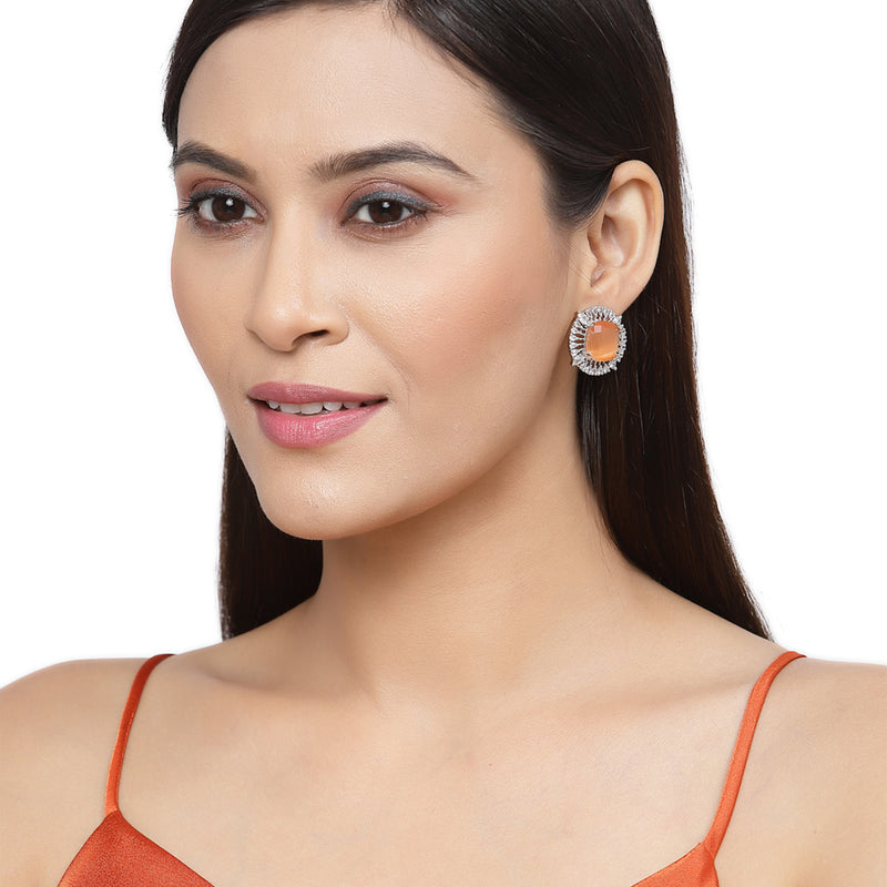 Rhodium-Plated Orange & White American Diamond studded Contemporary Round Stud Earrings