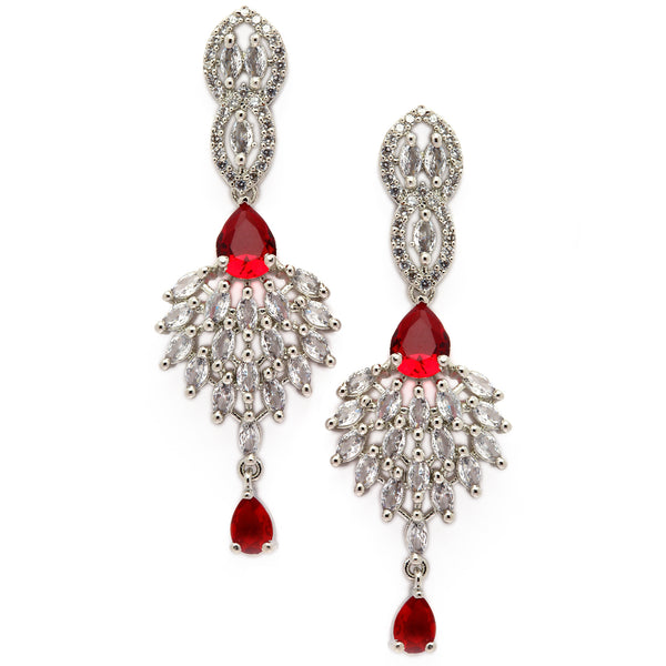 Rhodium-Plated Red American Diamond studded Handcrafted Spiked Drop Earrings