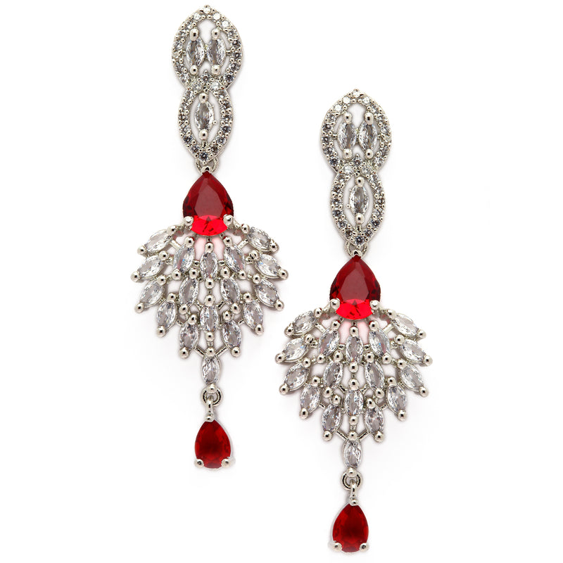 Rhodium-Plated Red American Diamond studded Handcrafted Spiked Drop Earrings