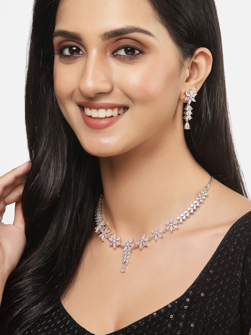 Rhodium-Plated Silver Toned Star Pink American Diamond Studded Necklace Earrings Jewellery Set