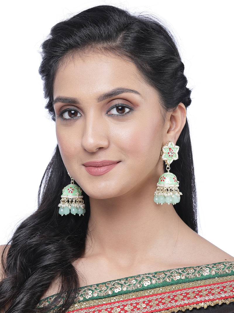 Gold-Plated Sea Green & White Kundan-Pearls studded Star Shaped Enamelled Jhumka Earrings