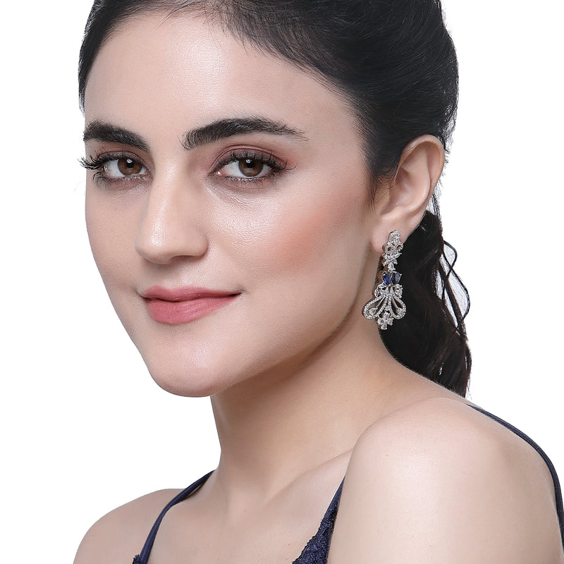 Rhodium-Plated Navy Blue & White American Diamond studded Paisley Shaped Drop Earrings