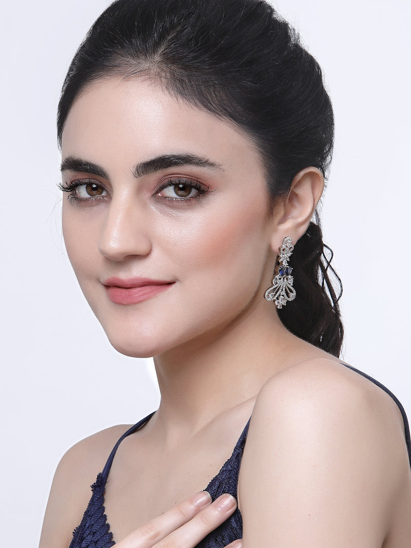 Rhodium-Plated Navy Blue & White American Diamond studded Paisley Shaped Drop Earrings