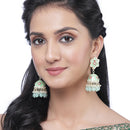 Gold-Plated Sea Green & White Kundan-Pearls studded Star Shaped Enamelled Jhumka Earrings
