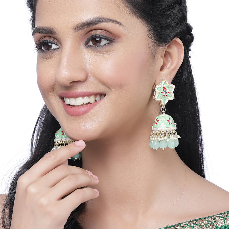 Gold-Plated Sea Green & White Kundan-Pearls studded Star Shaped Enamelled Jhumka Earrings