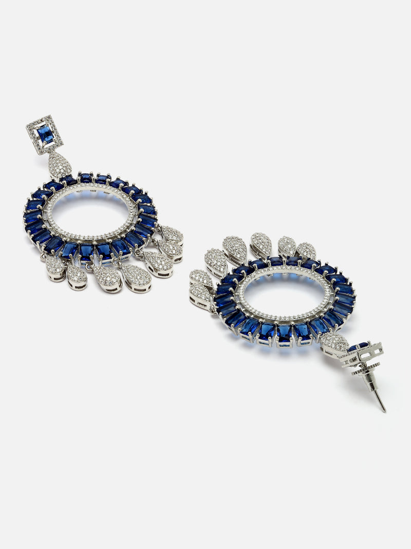 Rhodium-Plated Navy Blue American Diamond studded Circular Shape Dangle Earrings