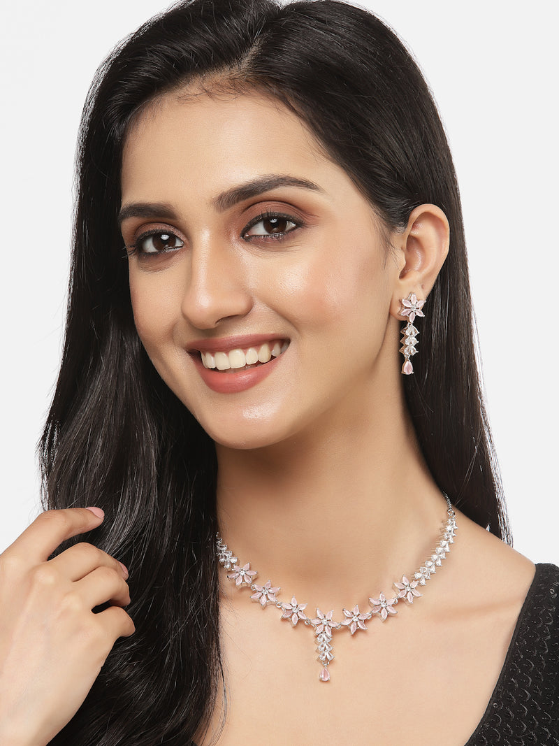 Rhodium-Plated Silver Toned Star Pink American Diamond Studded Necklace Earrings Jewellery Set