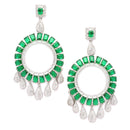 Rhodium-Plated Green American Diamond studded Circular Shape Dangle Earrings