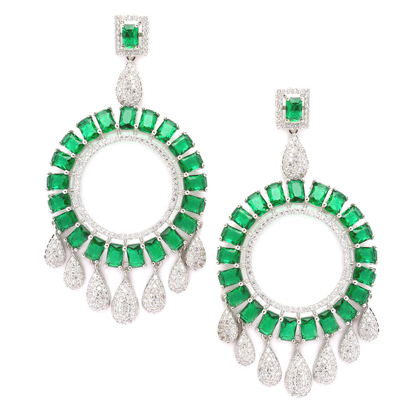 Rhodium-Plated Green American Diamond studded Circular Shape Dangle Earrings
