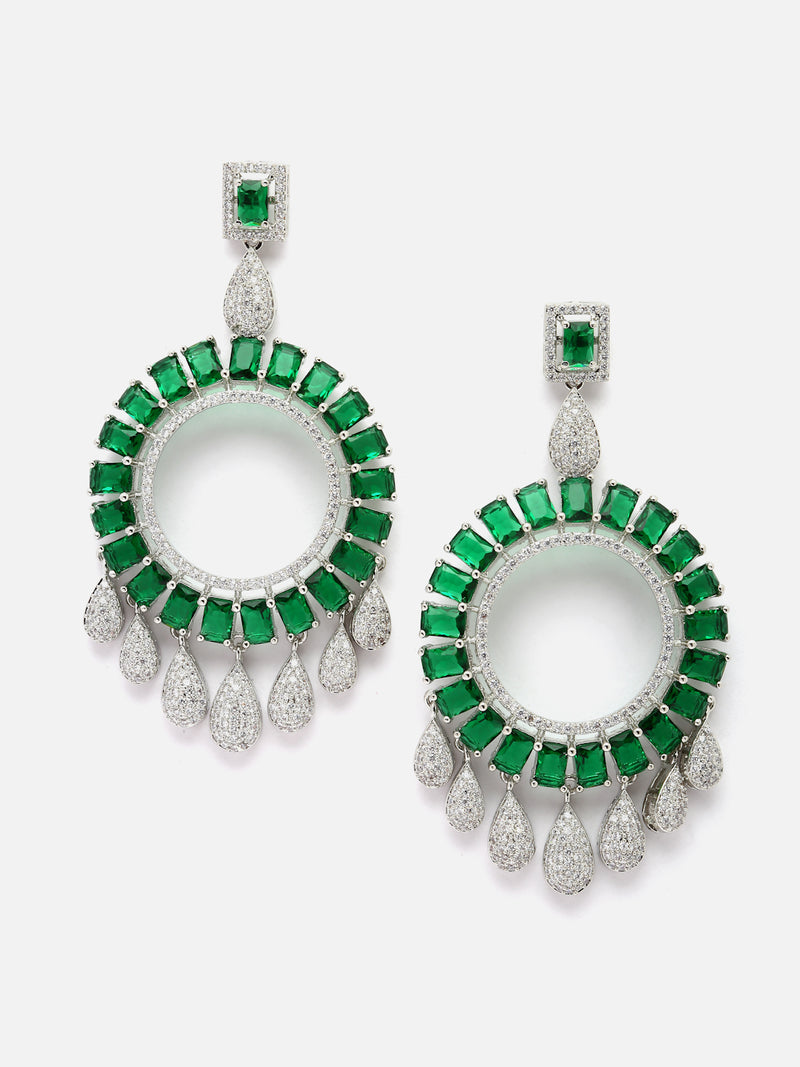 Rhodium-Plated Green American Diamond studded Circular Shape Dangle Earrings
