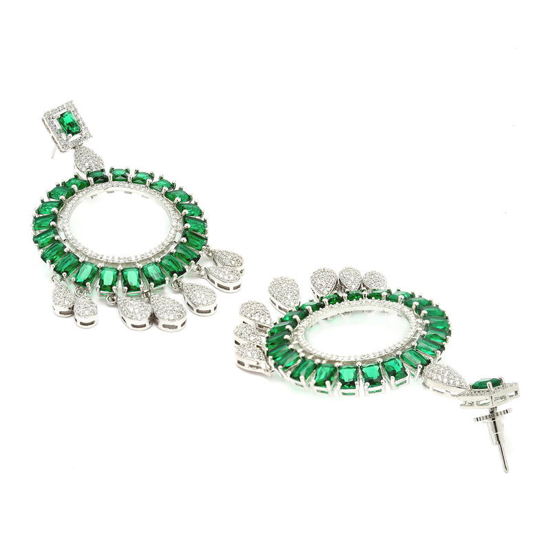 Rhodium-Plated Green American Diamond studded Circular Shape Dangle Earrings