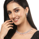 Rhodium-Plated Silver Toned Teardrop Pink American Diamond Studded Necklace Earrings Jewellery Set