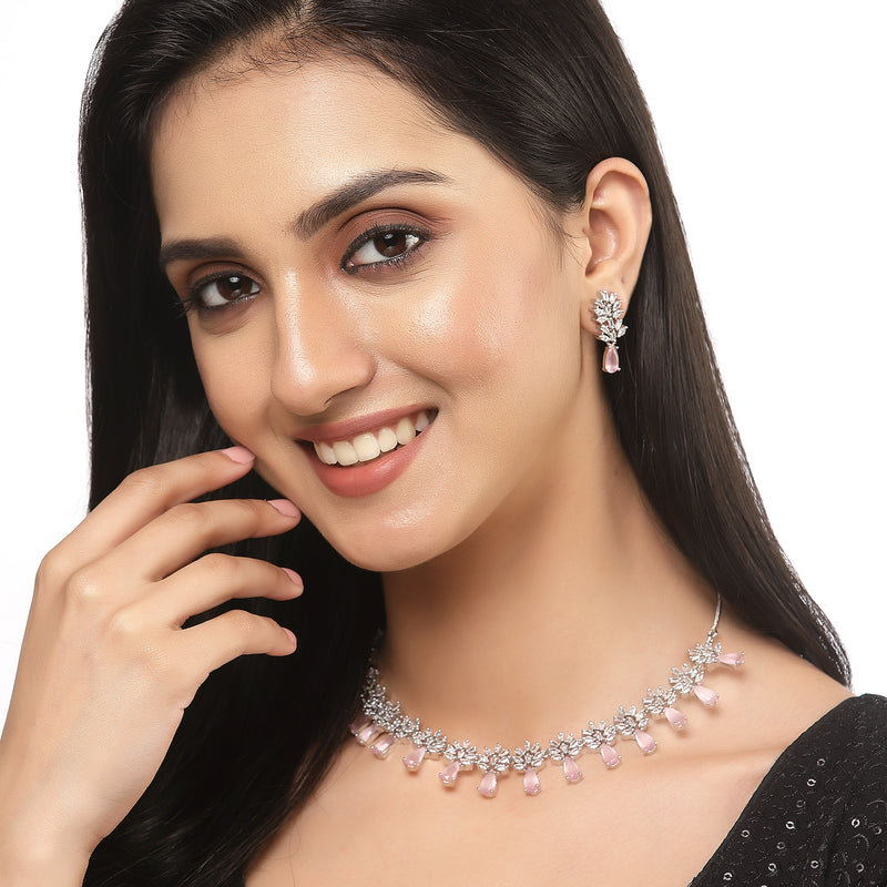 Rhodium-Plated Silver Toned Teardrop Pink American Diamond Studded Necklace Earrings Jewellery Set