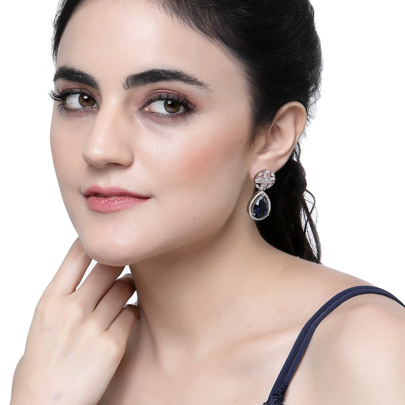 Rhodium-Plated Navy Blue & White American Diamond studded Teardrop & Floral Shaped Drop Earrings