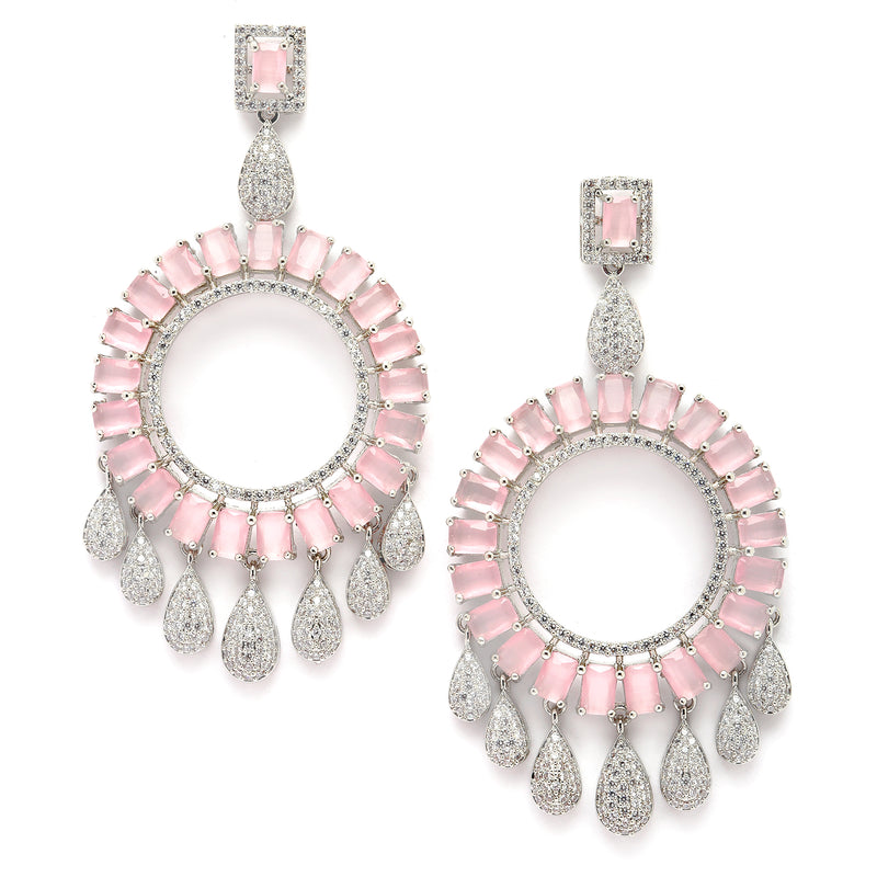 Rhodium-Plated Pink American Diamond studded Circular Shape Dangle Earrings