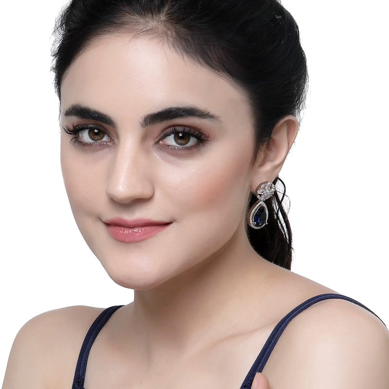 Rhodium-Plated Navy Blue & White American Diamond studded Teardrop & Floral Shaped Drop Earrings