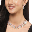 Rhodium-Plated Silver Toned Teardrop Pink American Diamond Studded Necklace Earrings Jewellery Set