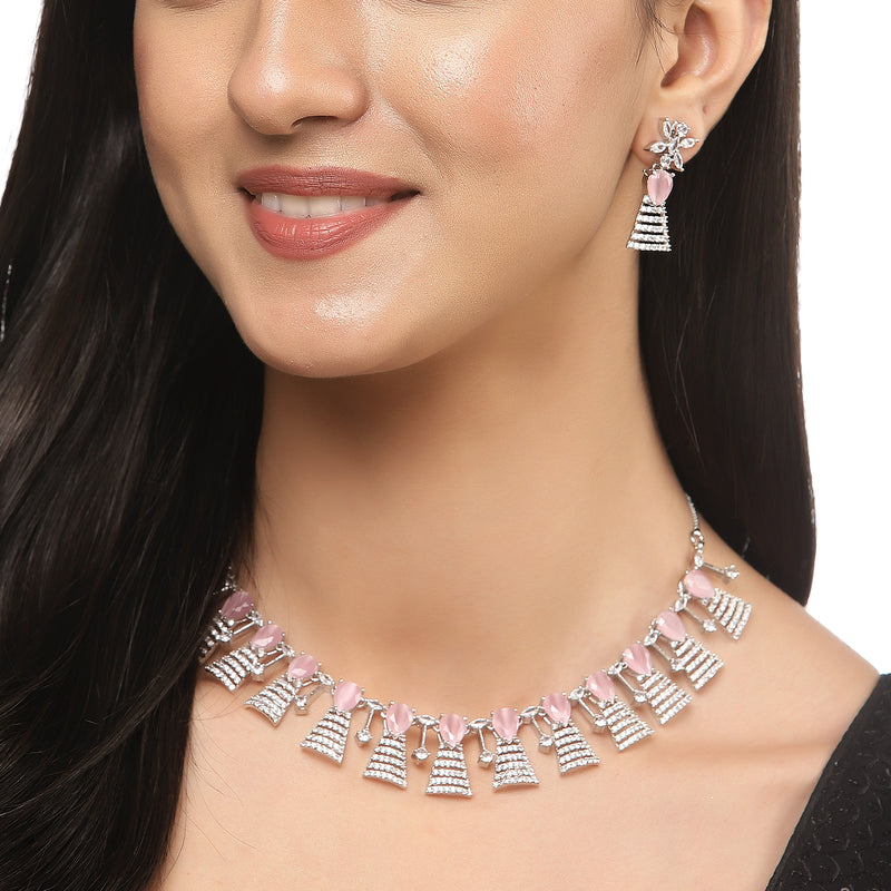 Rhodium-Plated Silver Toned Teardrop Pink American Diamond Studded Necklace Earrings Jewellery Set