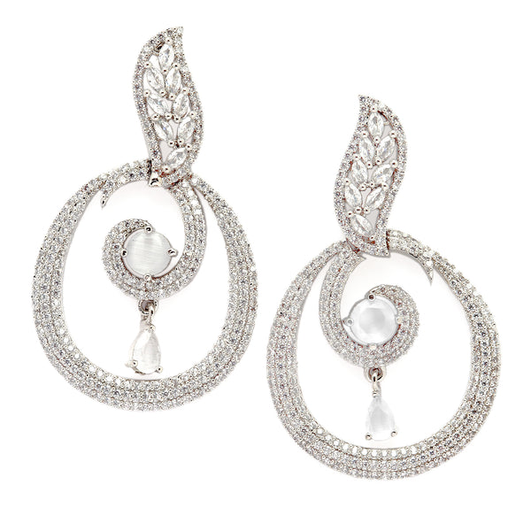 Rhodium-Plated Grey & White American Diamond studded Oval Shaped Drop Earrings