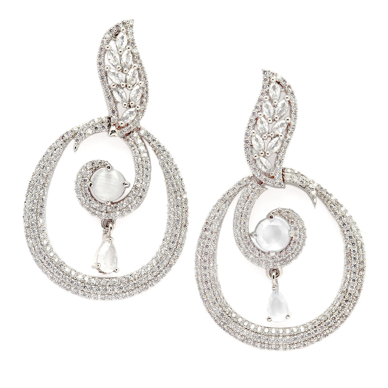 Rhodium-Plated Grey & White American Diamond studded Oval Shaped Drop Earrings