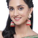 Gold-Plated Red Kundan & White Pearls studded Dome Shaped Handcrafted Jhumka Earrings