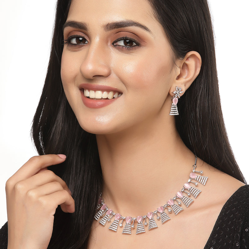 Rhodium-Plated Silver Toned Teardrop Pink American Diamond Studded Necklace Earrings Jewellery Set