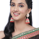 Gold-Plated Red Kundan & White Pearls studded Dome Shaped Handcrafted Jhumka Earrings