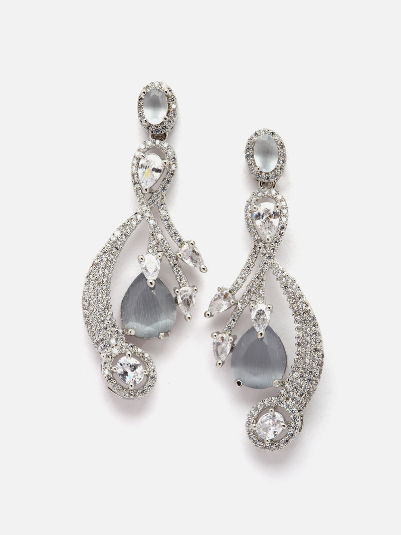 Rhodium-Plated Grey American Diamond studded Quirky Shaped Drop Earrings
