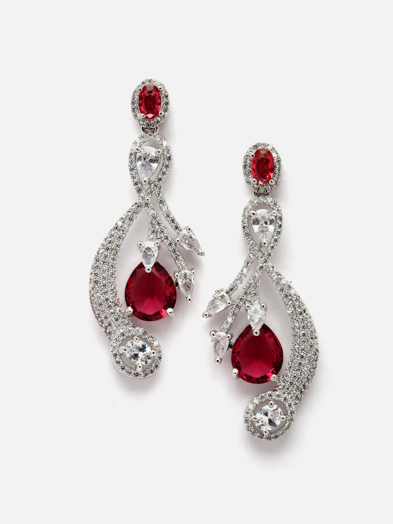 Rhodium-Plated Red American Diamond studded Quirky Shaped Drop Earrings