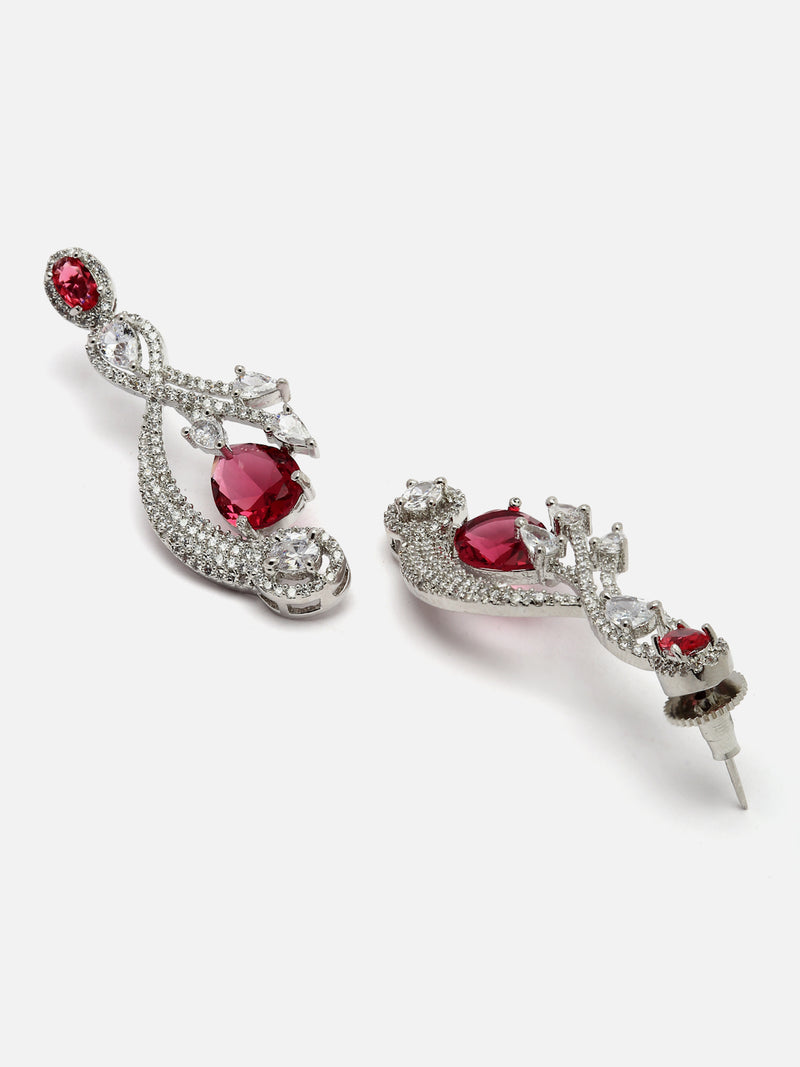 Rhodium-Plated Red American Diamond studded Quirky Shaped Drop Earrings