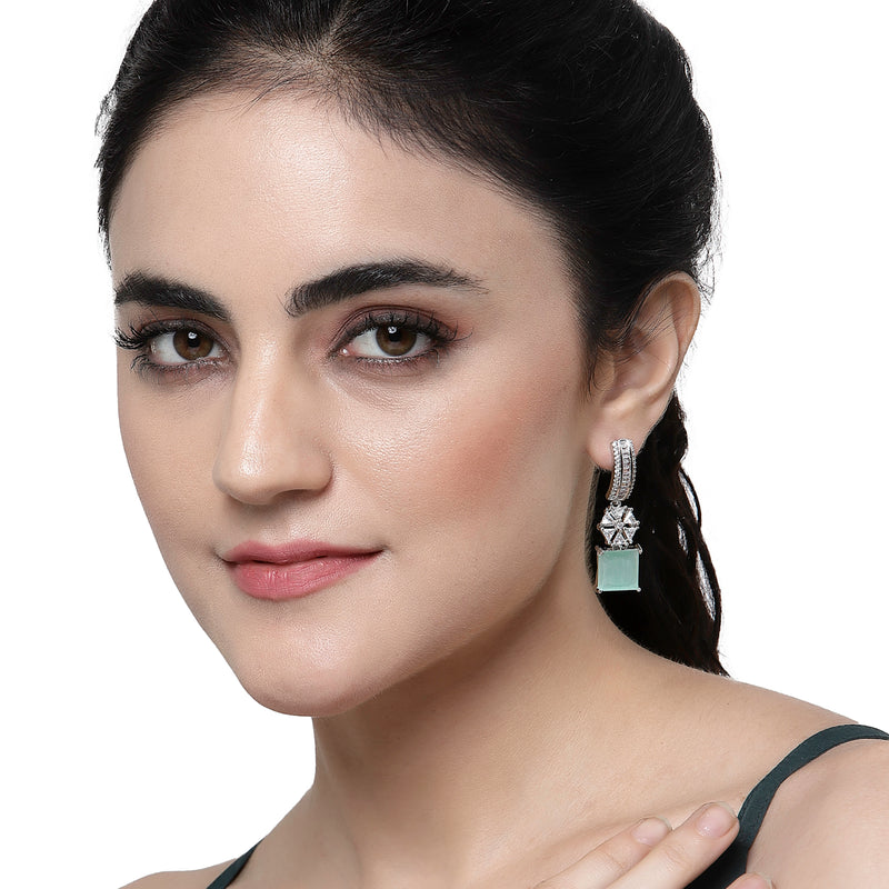 Rhodium-Plated Sea Green American Diamond studded Square & Floral Shaped Drop Earrings