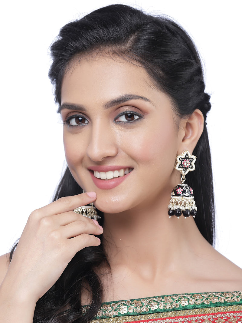 Gold-Plated Black & White Kundan-Pearls studded Star Shaped Enamelled Jhumka Earrings