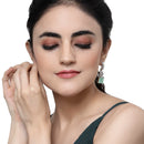 Rhodium-Plated Sea Green American Diamond studded Square & Floral Shaped Drop Earrings