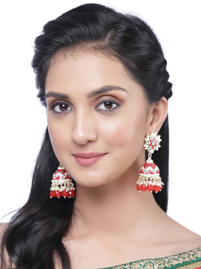 Gold-Plated Red & White Kundan-Pearls studded Crescent Shaped Hand Painted Jhumka Earrings