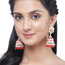 Gold-Plated Red & White Kundan-Pearls studded Crescent Shaped Hand Painted Jhumka Earrings
