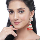 Gold-Plated Red & White Kundan-Pearls studded Crescent Shaped Hand Painted Jhumka Earrings