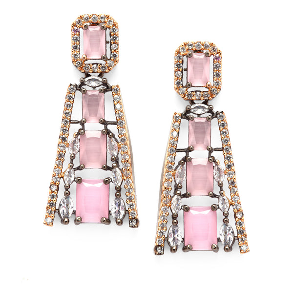 Rose Gold-Plated Gunmetal Toned Pink American Diamond studded Contemporary Drop Earrings