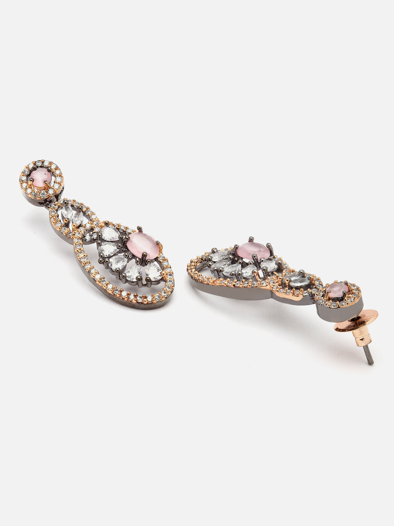 Rose Gold-Plated Gunmetal Toned Pink American Diamond studded Oval & Quirky Shaped Drop Earrings