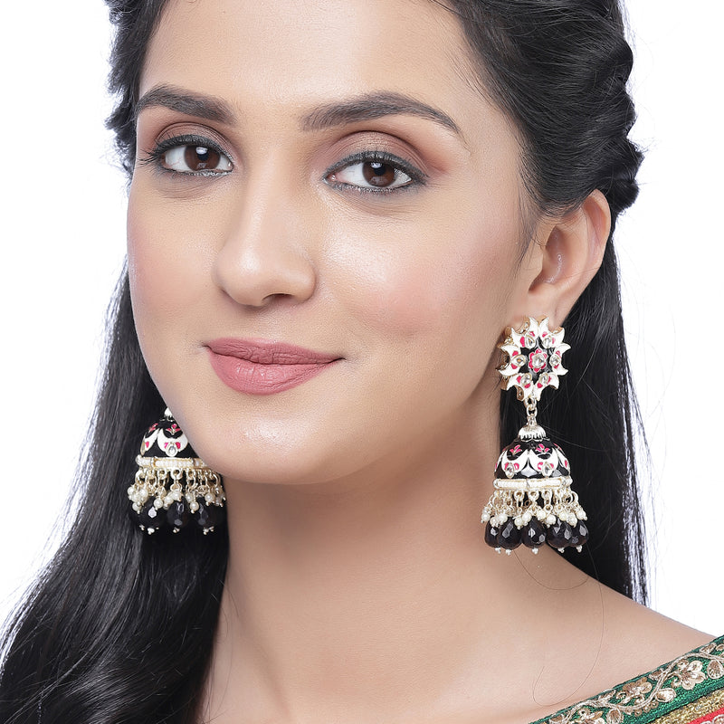 Gold-Plated Black & White Kundan-Pearls studded Crescent Shaped Hand Painted Jhumka Earrings
