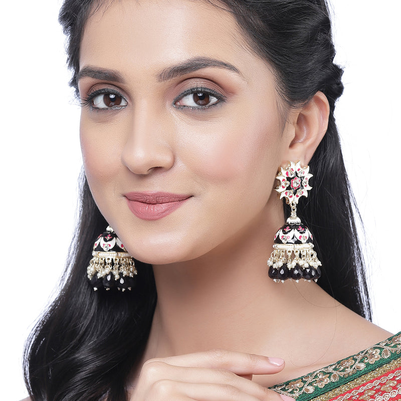 Gold-Plated Black & White Kundan-Pearls studded Crescent Shaped Hand Painted Jhumka Earrings