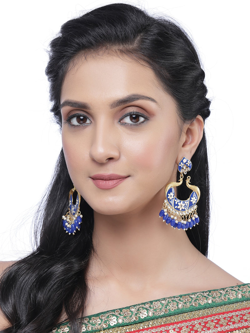 Gold-Plated Navy Blue Kundan & White Pearls studded Peacock Shaped Handcrafted Drop Earrings