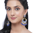 Gold-Plated Navy Blue Kundan & White Pearls studded Peacock Shaped Handcrafted Drop Earrings