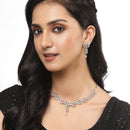 Rhodium-Plated Silver Toned Flower Sea Green & Pink American Diamond Studded Necklace with Earrings Jewellery set