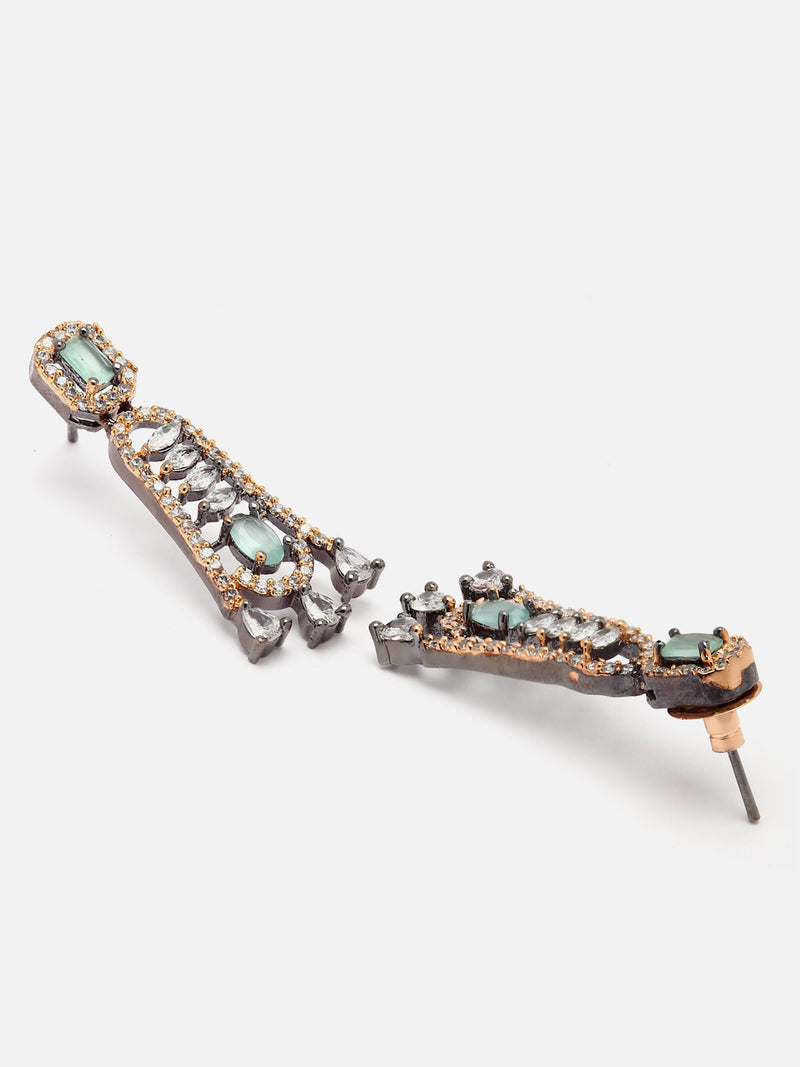 Rose Gold-Plated Gunmetal Toned Sea Green American Diamond studded Classic Contemporary Drop Earring