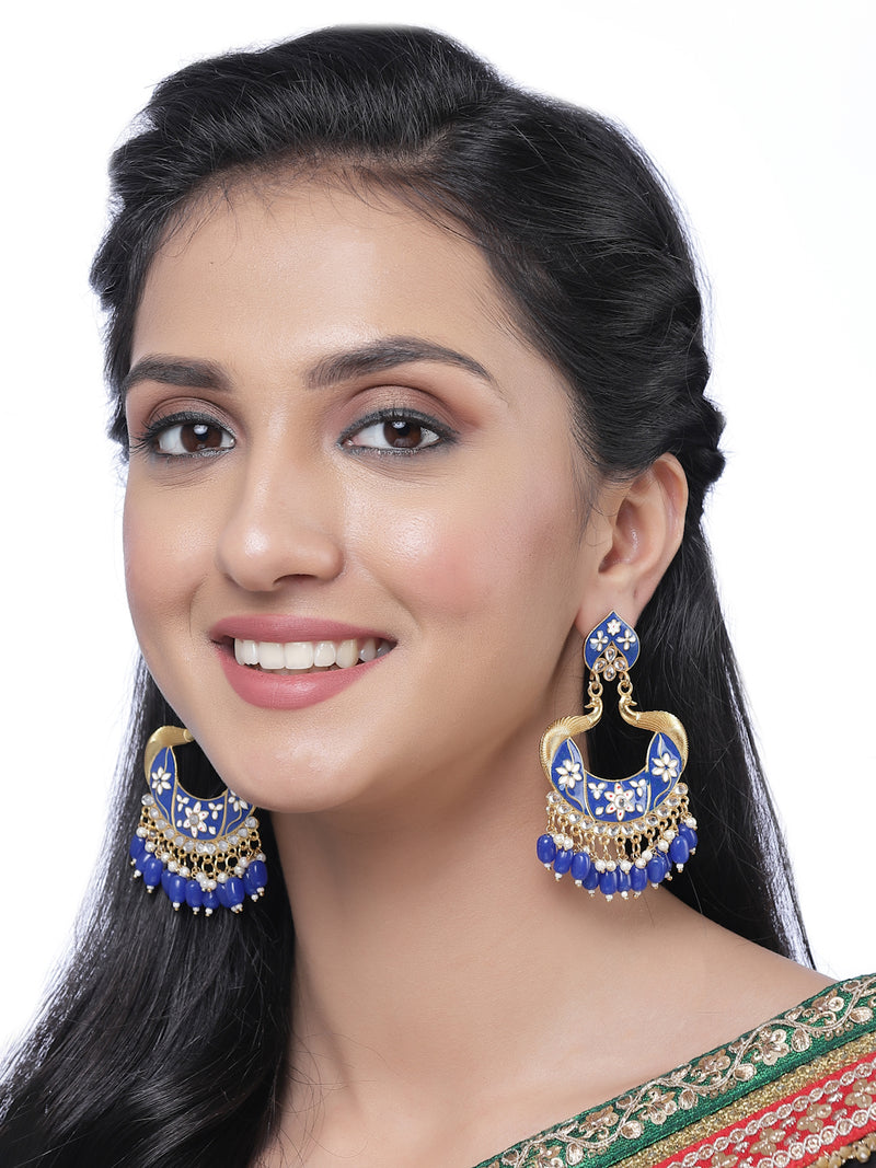 Gold-Plated Navy Blue Kundan & White Pearls studded Peacock Shaped Handcrafted Drop Earrings